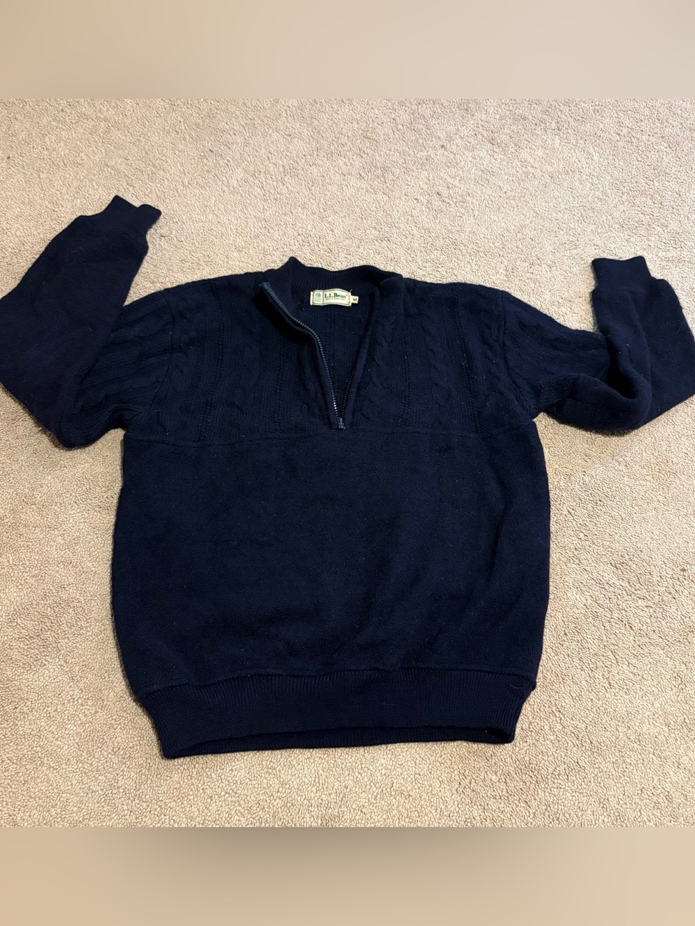 Vintage L.L. Bean Men’s Heavyweight Navy Q-Zip Cable Knit All Wool Sweater; M